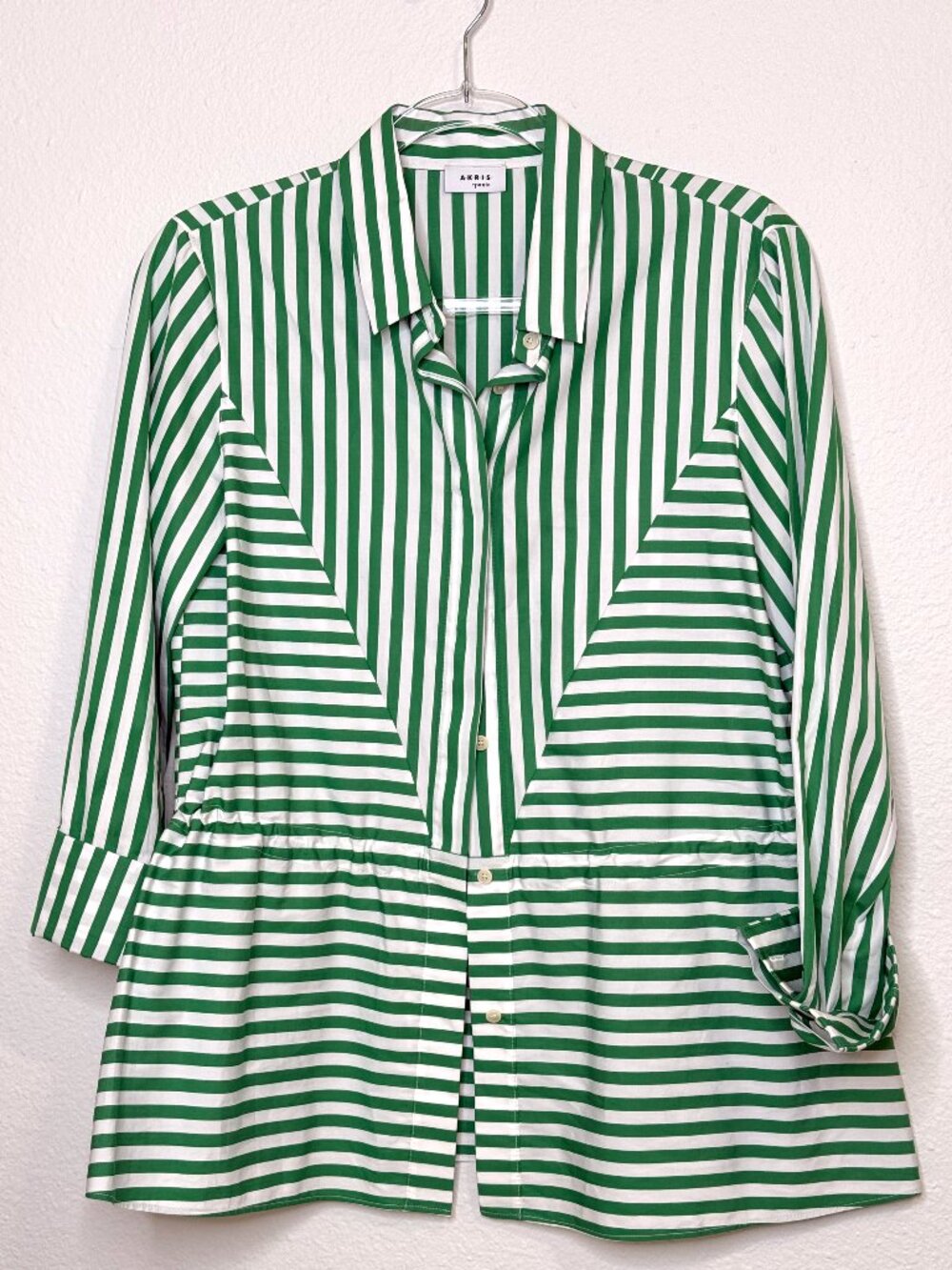Akris Punto Green & White Striped Drawstring Waist Blouse